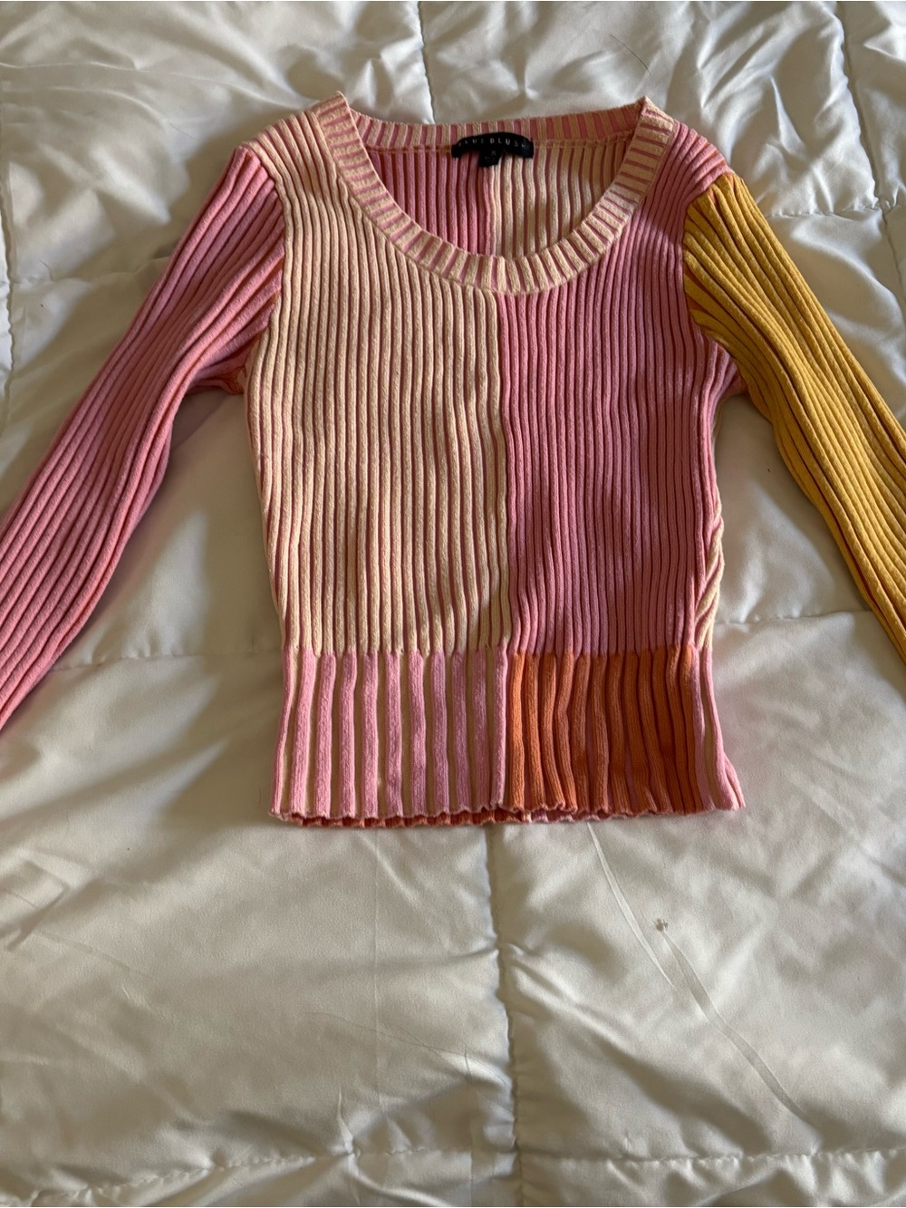 Blue Blush Colorblock Ribbed Scoop Neck Sweater - Pink, Peach & Mustard